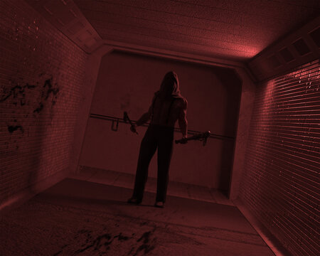 3d Illustration Of A Masked Serial Killer Or Crazed Murderer Holding An Axe And A Club In A Tunnel