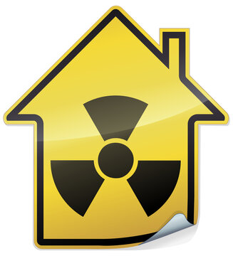 Sticker in the shape of a yellow metallic house with the symbol of radioactivity in black (metal reflection)