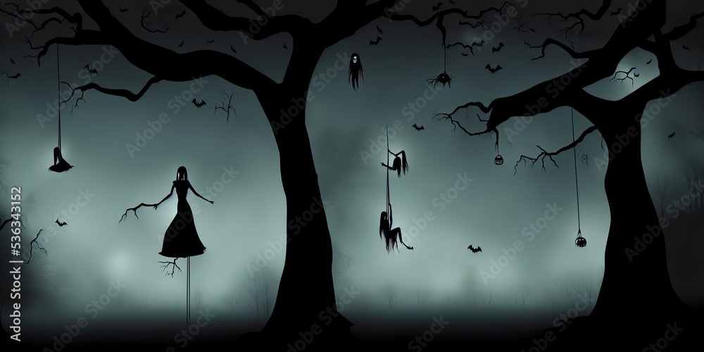 Wall mural Woman hanged herself on a tree in the middle of a spooky woods, macabre, halloween, horror theme, Image illustration. High quality Illustration