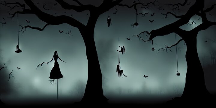 Woman hanged herself on a tree in the middle of a spooky woods, macabre, halloween, horror theme, Image illustration. High quality Illustration