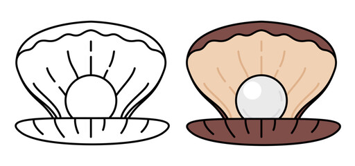 Set of two oysters with pearls in flat style, Vector illustration