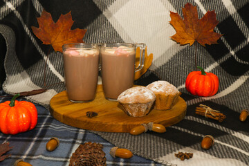 Warm and delicious cocoa with marshmallows and cupcakes with sugar sprinkles. Autumn drink among warm blankets, cones, acorns and yellow leaves
