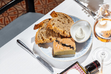 Foie gras pate with buckwheat bread and wine