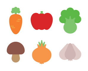 Healthy food vegetable icon illustration set. Garlic, carrot, onion, bell pepper, mushroom.