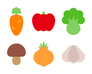 Healthy food vegetable icon illustration set. Garlic, carrot, onion, bell pepper, mushroom.