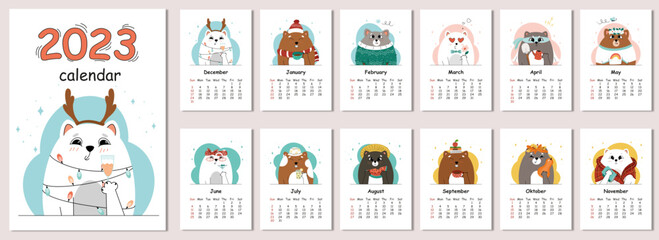 Calendar 2023, the year of the Blue Water Rabbit. Calendar with cats. The week starts on Sunday. Cute cats. Vector calendar