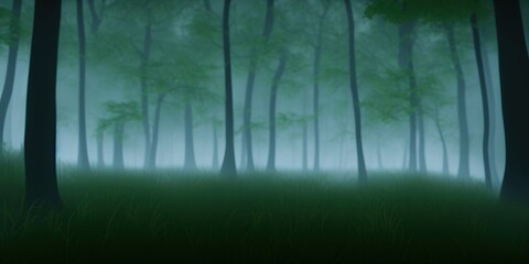 Beautiful mystical landscape. Fog in the forest, dark color. Mist among woods. High quality Illustration