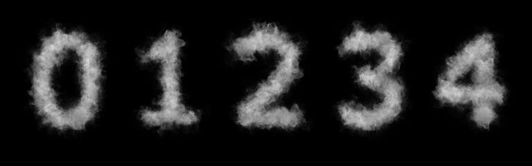 3D Numbers of smoke or cloud. Symbol set 0,1,2,3,4. Abstract smoke or clouds numbers. Isolated white numbers on black background. © naddi