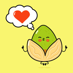 Obraz na płótnie Canvas Cute funny pistachio doing yoga with speech bubble. Vector hand drawn cartoon kawaii character illustration icon. Isolated on yellow background. Pistachio in love character concept