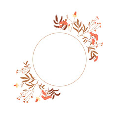 Round frame with floral decoration in red tones. Meadow wild herbs. Chamomile, tansy.