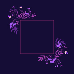 Decorative square frame with floral design in neon colors on a black background. Chamomile, tansy.