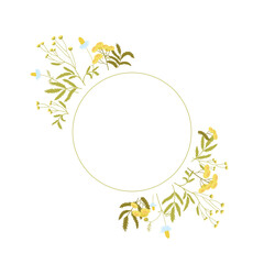 Floral round frame in flat style. With bouquets of tansy and chamomile around the edges.