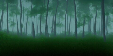 Panorama of the misty forest. Forest mist. Misty forest in fog. Deep forest in mist. High quality Illustration