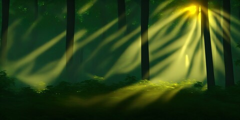 Sun rays in the forest in the morning. Forest sunbeams in morning. Morning sunrays in deep forest. Deep dark forest sunrays in the morning. High quality Illustration