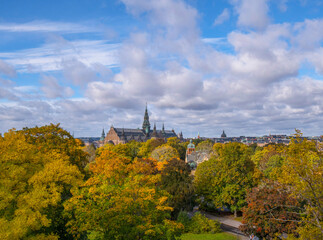 Panorama view from a terrace over the northern districts in a park a colorful sunny autumn day in Stockholm