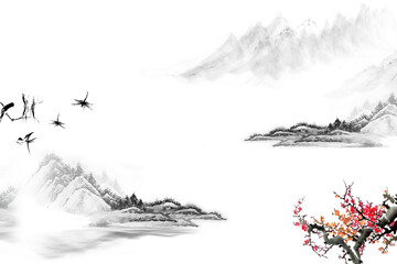 peaceful spring Chinese painting of mountains and rivers Clouds and pines High mountains of China	
