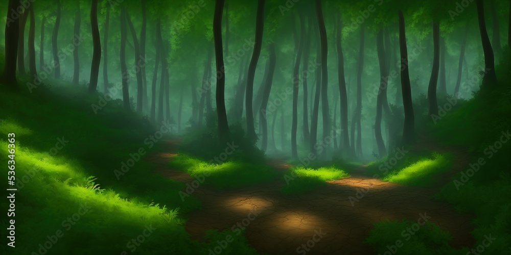 Canvas Prints Mysterious path full of roots in the middle of wooden coniferous forrest, surrounded by green bushes and leaves and ferns found in Corse, France. High quality Illustration