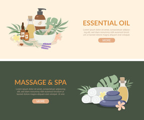 Beauty and spa banner ads with essential oil, serum and massage stones flat vector illustration. Promotion banner, flyer, web template