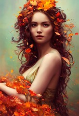 Abstraktes farbenfrohes Porträt eines schönen Mädchens mit Herbstlaub. Modische süße Frau. Kreatives schönes Mädchen. 3D-Rendering