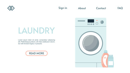 Laundry vector website template. Web page or landing page design. Laundromat concept. Washing machine on white background. Concept of laundry services. Flat vector illustration.