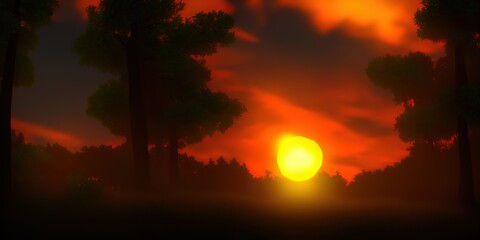 beautiful sunset in the woods. High quality Illustration