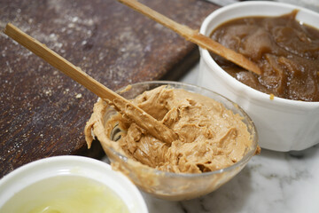top view of peanut butter in a container ,