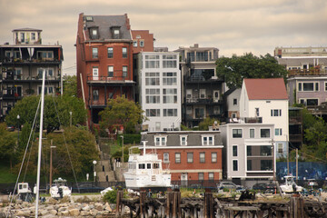 Boston, Massachusetts, USA, city view from the river near the harbor