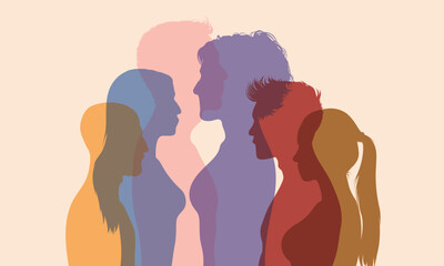 People of different cultures in a flat cartoon. The harmony of collaboration, friendship, and teamwork between people of diverse races or cultures in a society or community.
