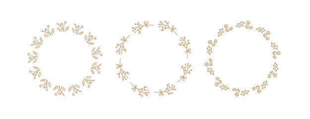 Christmas set of round wreaths with floral elements. Mistletoe. Holiday vector frame. Good for banner, poster and greeting card. New Year mood.