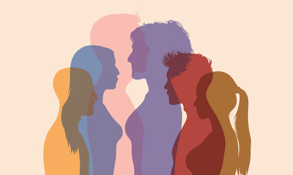 People of different cultures in a flat cartoon. The harmony of collaboration, friendship, and teamwork between people of diverse races or cultures in a society or community.