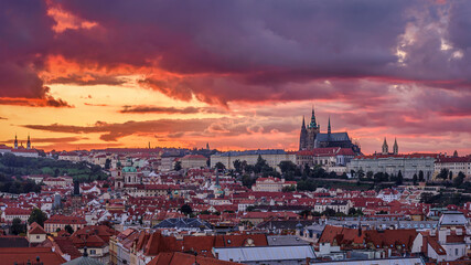 Fototapeta na wymiar Golden cloudy twilight above Prague, Czech Republic
