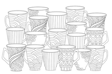 A coloring book with rows of ornate decorated cups. Mugs with ze