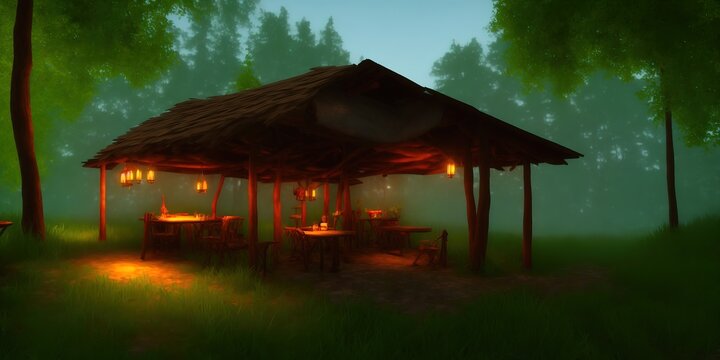 Hut in the woods, Boho-style restaurant. High quality Illustration