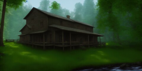 Old wooden house in the woods by the stream. Cold creek at river house in woods. Forest river house by the creek. Forest creek house. High quality Illustration