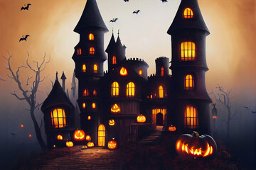 Halloween scary night watercolor background. Gothic castle, graveyard and witch illustration.