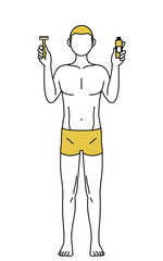 脱毛した男性の線画、除毛クリームと剃刀を持つポーズ