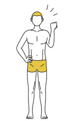 脱毛した男性の線画、拳を上げる励ましのポーズ