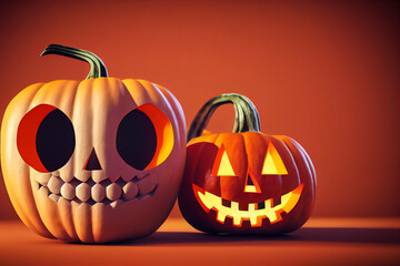 Scary 3d illustration of halloween with pumpkins and skeleton, minimalist style