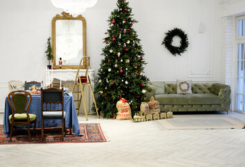 Christmas interior of modern living room in vintage style