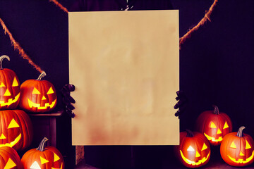 Skeleton holding a blank sign or an empty invitation card, for halloween, 3d illustration