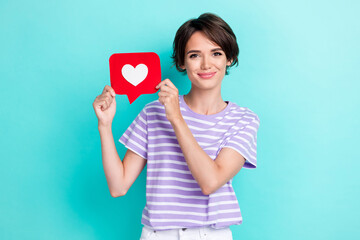 Photo of adorable nice cute stylish woman dressed striped t-shirt get like in social media isolated...