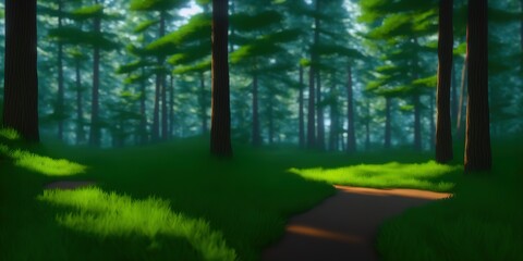 Fototapeta na wymiar A trail in a shady pine forest. Forest trail in pinewood. Pine forest trail. Shadows on pine forest trail. High quality Illustration