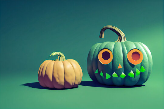 Halloween green pumpkin, funny and fun, 3d illustration, little monster