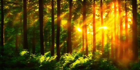 Sunset Or Sunrise In Forest Landscape. Sun Sunshine With Natural Sunlight And Sun Rays Through Woods Trees In Summer Forest. Beautiful Scenic View. Natural Real Lens Flare Effect. High quality