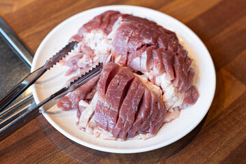 Raw duck meat pieces with white plate isolated