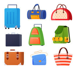Kinds of baggage and bags - flat design style objects set