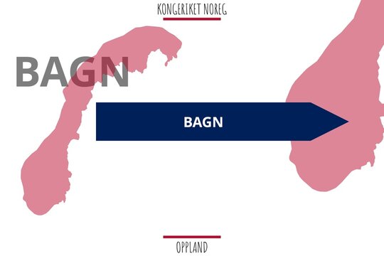 Bagn: Illustration mit dem Namen der norwegischen Stadt Bagn in der Provinz Oppland