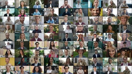 Group of diverse people having an online video conference looking at webcam. People join distance virtual meeting using the application and communicate remotely - Powered by Adobe