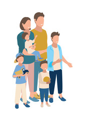 Happy young parents have fun with their children. Family day. Vector illustration in flat style isolated on white background.