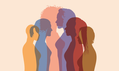 Female community or social network. Group of diverse and multicultural women. The concept of racial equality. Sharing, talking, and allies between women.